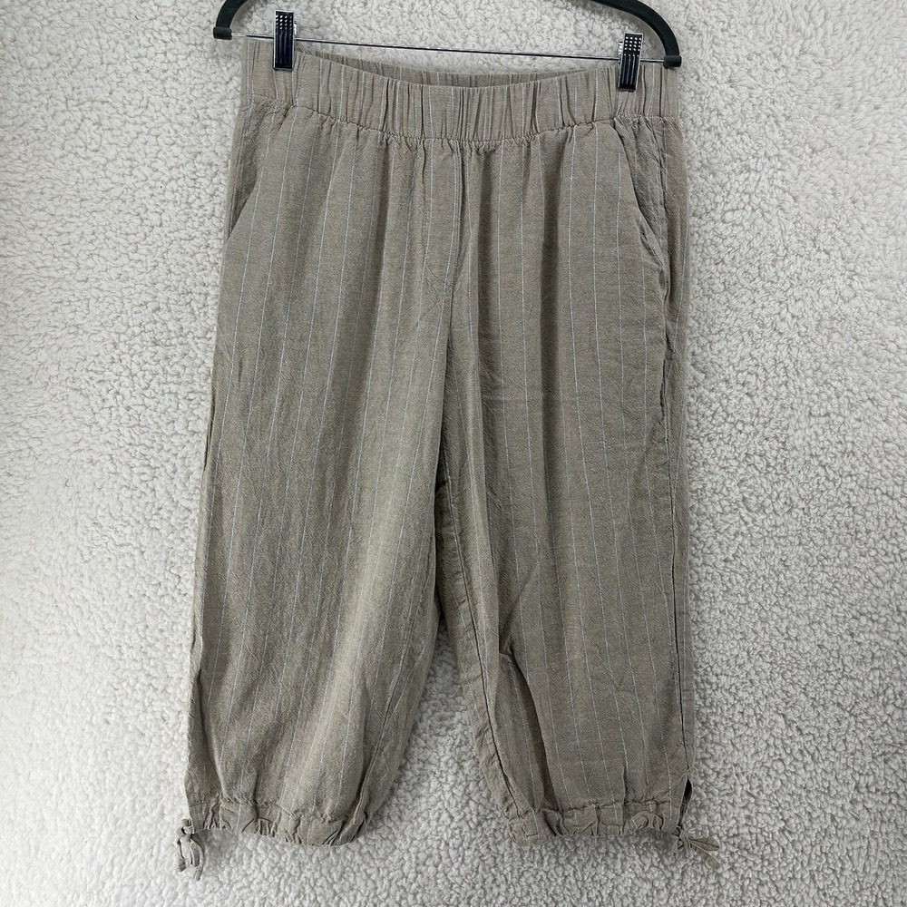 Land 'n Sea Pants Women's Medium Beige Pull On Linen Blend Capri Tie Him Striped
